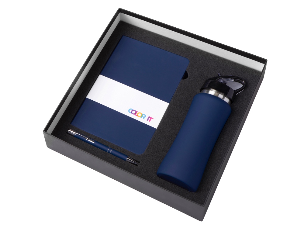 Подарочный набор с блокнотом С1, металлической ручкой и бутылкой для воды, темно-синий-1