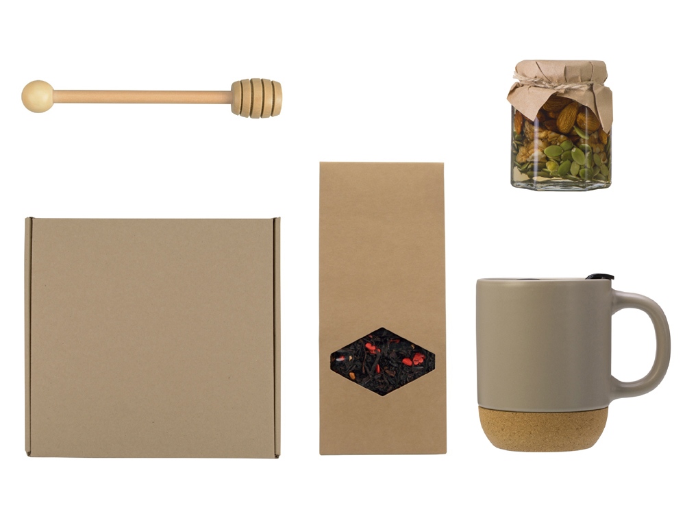 Подарочный набор с кружкой, медом и ложкой для меда, бежевый-0