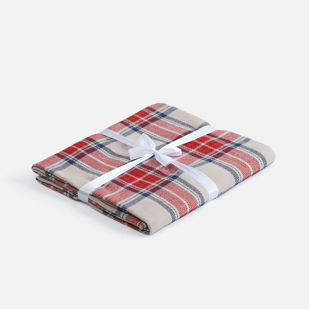 Плед «Валдай», бежевый с красным и синим-3