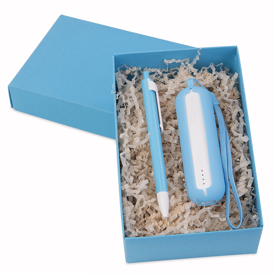 Набор SEASHELL-1: универсальное зарядное устройство (2000 mAh) и ручка в подарочной коробке, голубой, белый-0