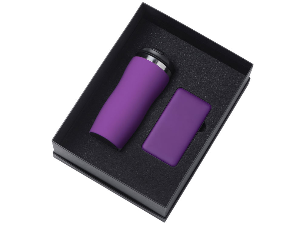 Подарочный набор c вакуумной термокружкой и повербанком С2, фиолетовый-1