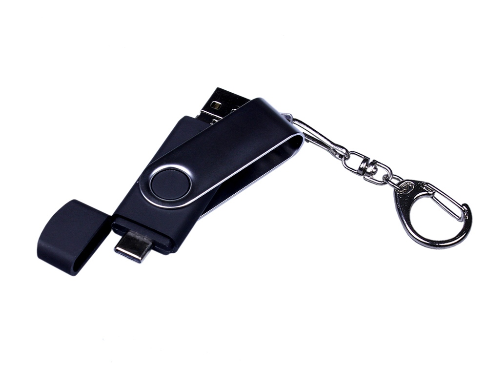 USB-флешка на 32 Гб поворотный механизм, c двумя дополнительными разъемами MicroUSB и TypeC, черный-3
