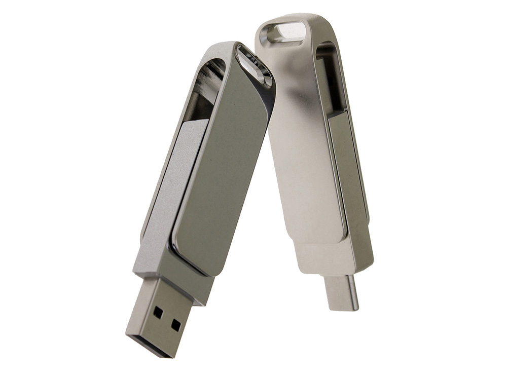 USB 2.0- флешка на 16 Гб поворотный механизм 2 в 1, c дополнительным разъемом Type-C с одноцветным металлическим клипом, серый-3