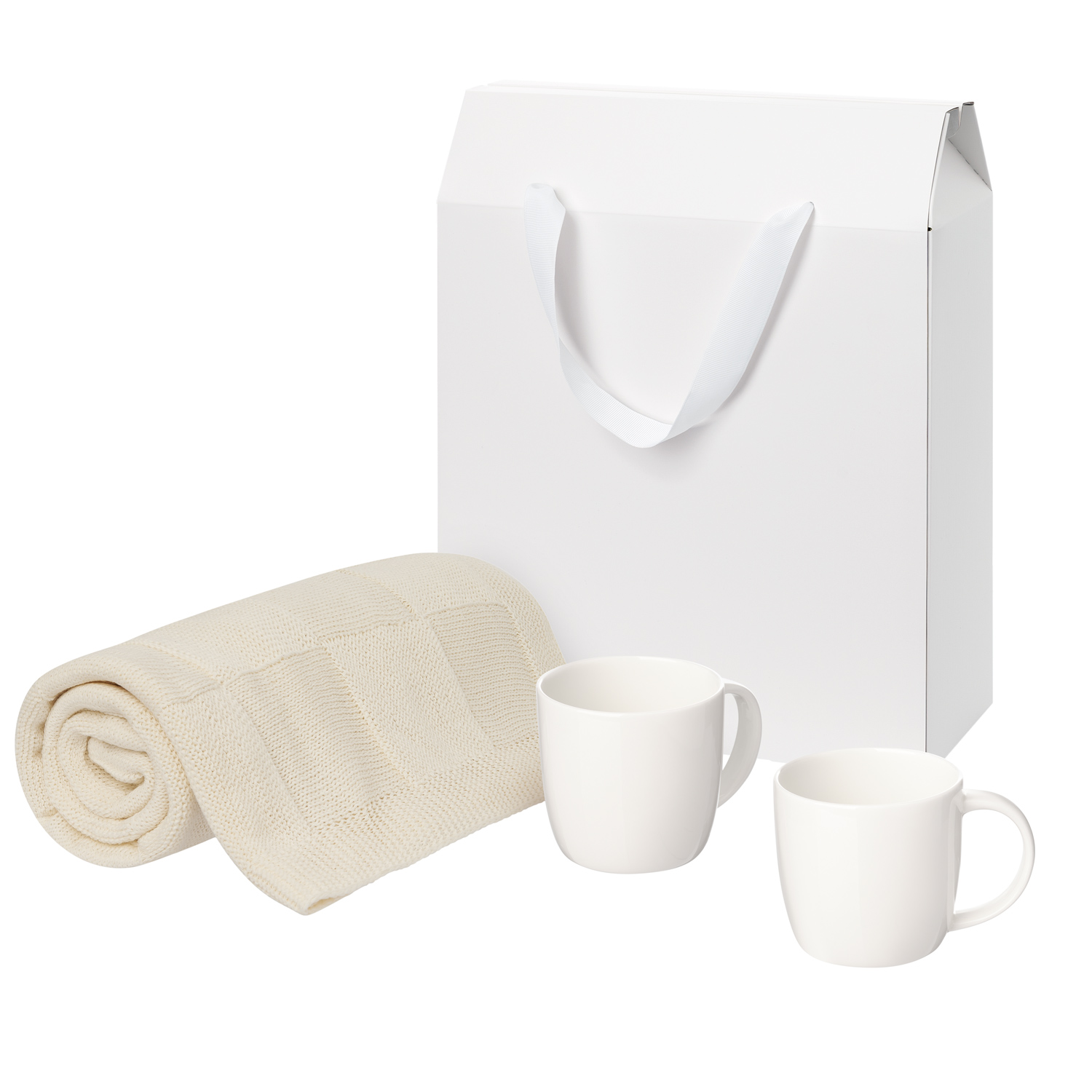 Подарочный набор Дафна (Dafna), Селла (Cella), бежевый в коробке-пакете (две фарфоровых кружки, плед)-0