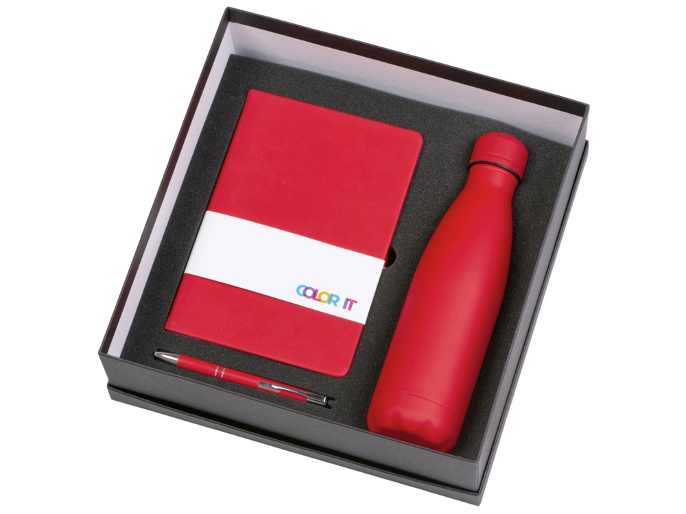 Подарочный набор с блокнотом С1, металлической ручкой и термобутылкой, красный-1