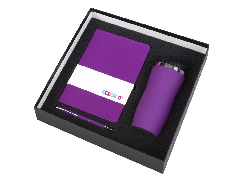 Подарочный набор с блокнотом С1, металлической ручкой и термокружкой, фиолетовый-1