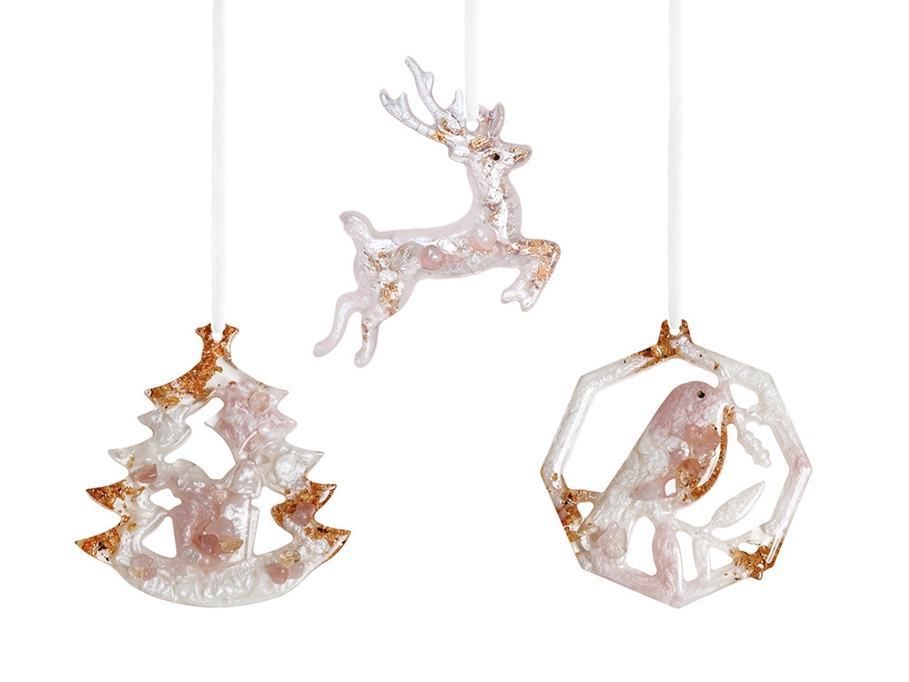 Елочные игрушки ( Снегирь+ Олень+ Ель) Розовый кварц-0