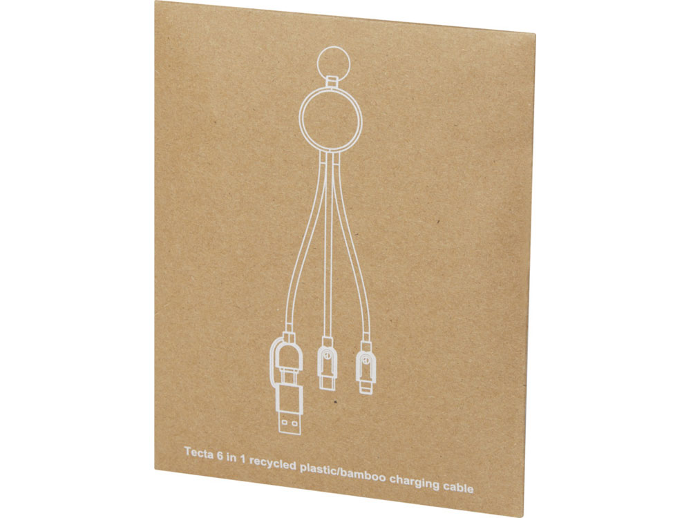 Кабель для зарядки Tecta 6 в 1 из переработанного пластика/бамбука с брелком, сплошной черный-5