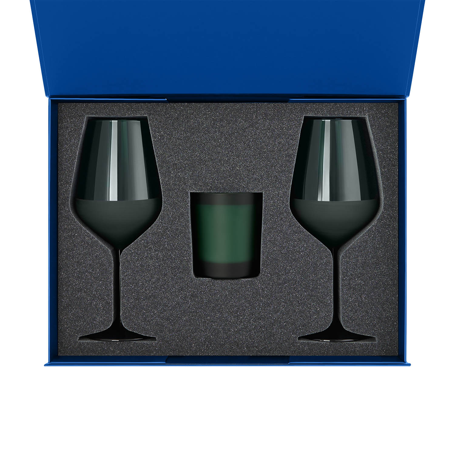 Подарочный набор свеча Enigma + 2 бокала для вина Emerald в синей коробке-1