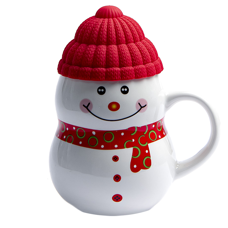Кружка SNOWMAN с крышкой, белый, красный-0