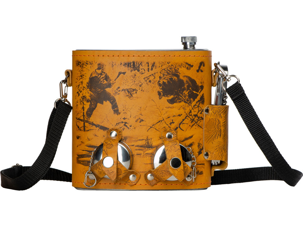 Набор Подарочный: фляга 510/2(рыжая кожа), 1,5 л+ 2 стаканчика+нож-2