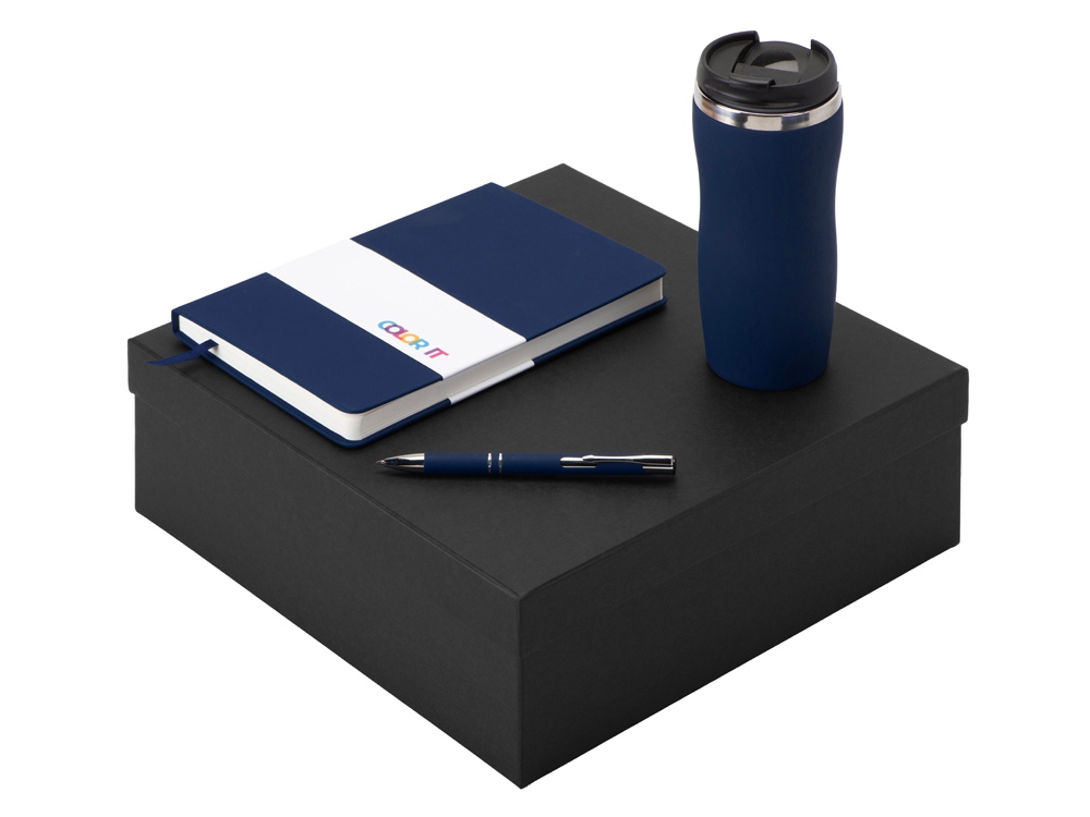 Подарочный набор с блокнотом С3, металлической ручкой и термокружкой, темно-синий-0