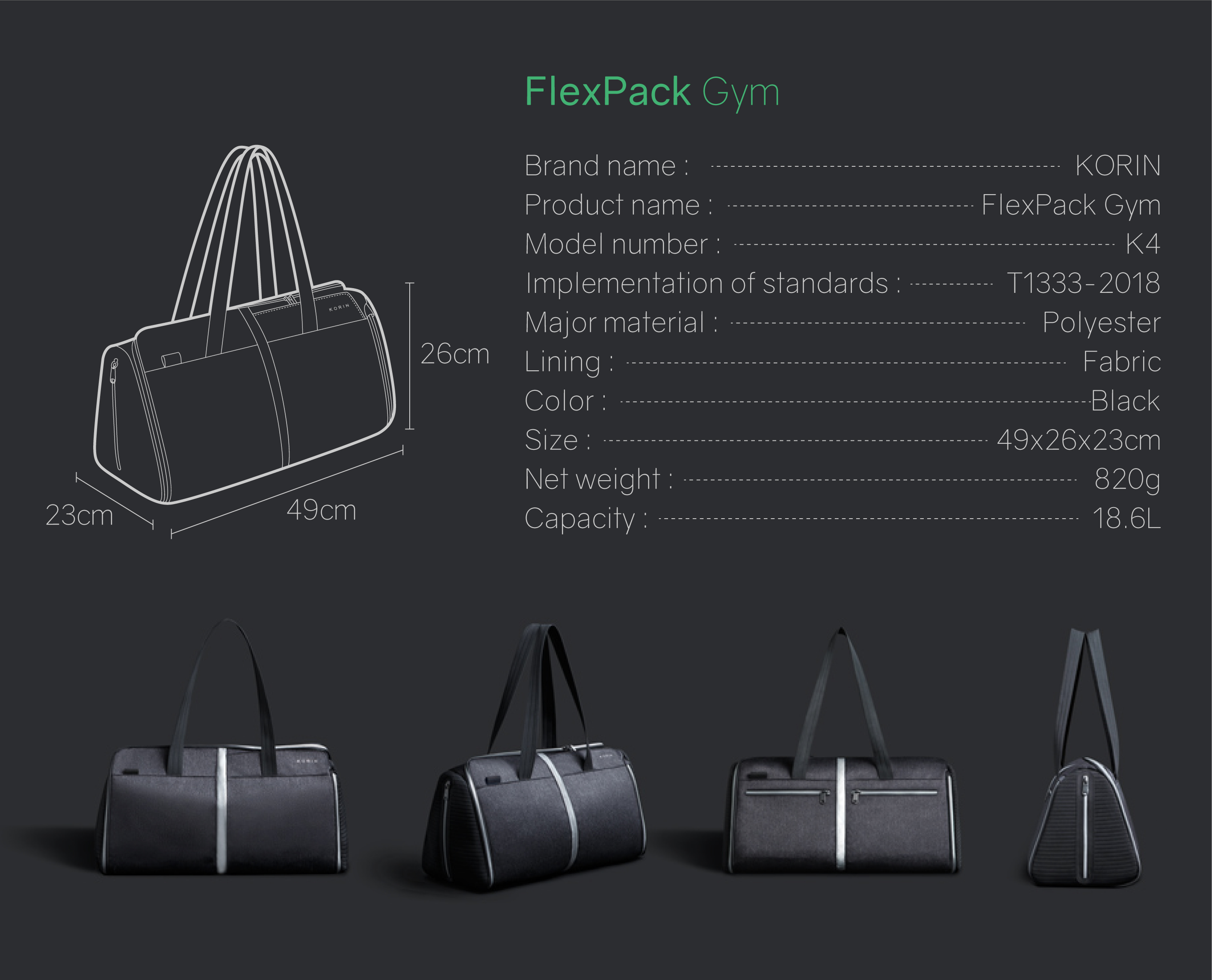 Спортивная сумка FlexPack Gym 49х26х23 см, темно-серая-31