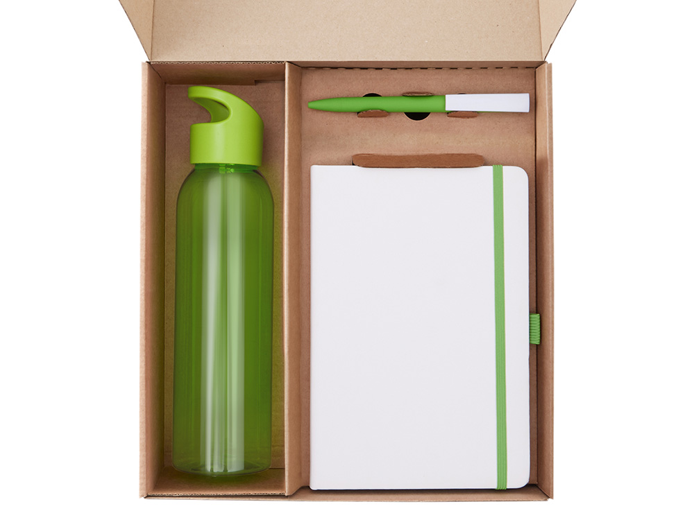 Подарочный набор с бутылкой для воды. блокнотом, ручкой и ланчбоксом, зеленое яблоко-1
