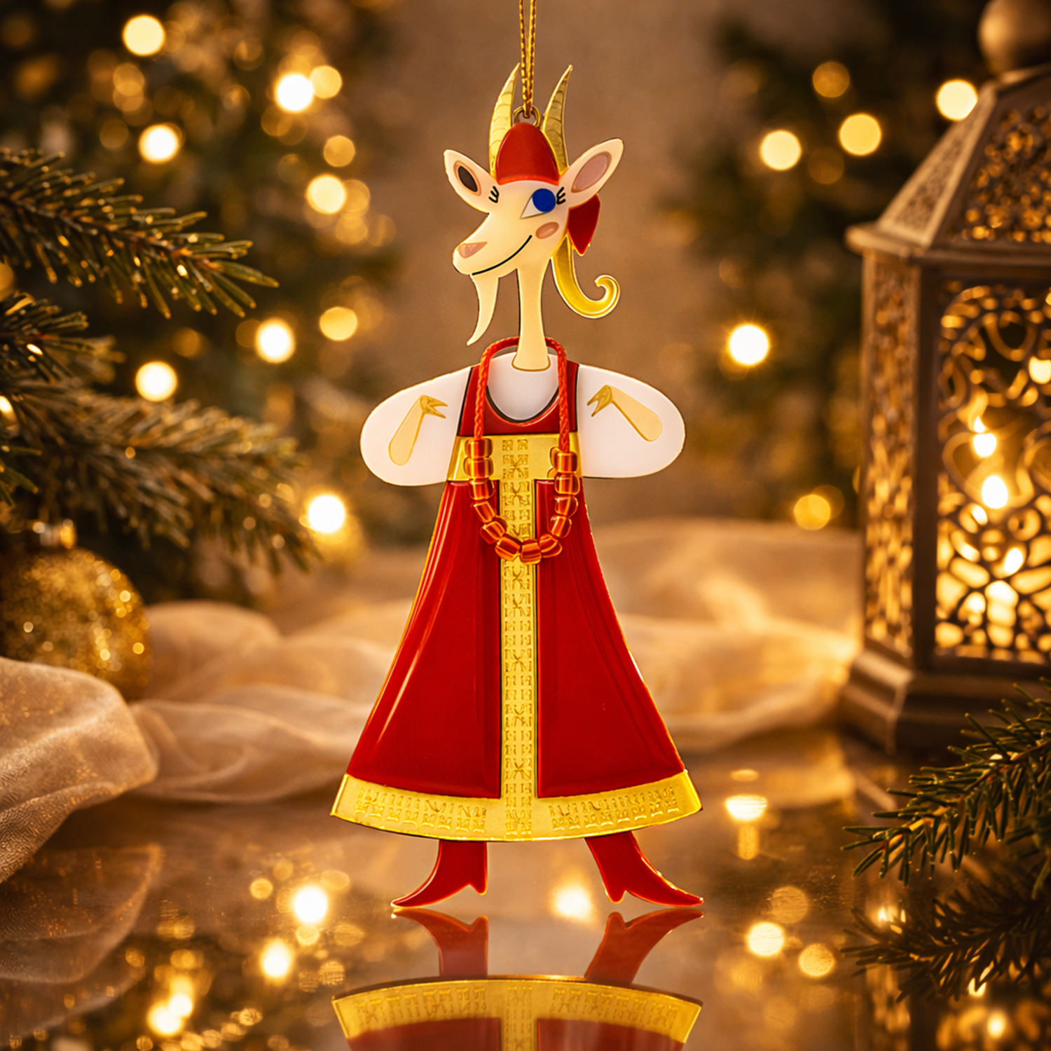 Ёлочная игрушка Коза в сарафане (красный с белым)-6