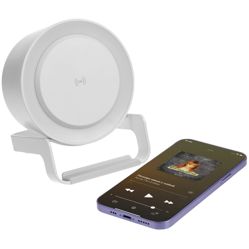 Лампа с колонкой и беспроводной зарядкой moonLight, белая-3