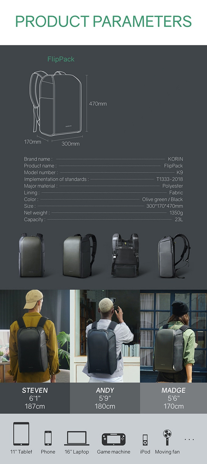 Рюкзак KORIN FlipPack 47х30х17 см, зеленый/черный-26