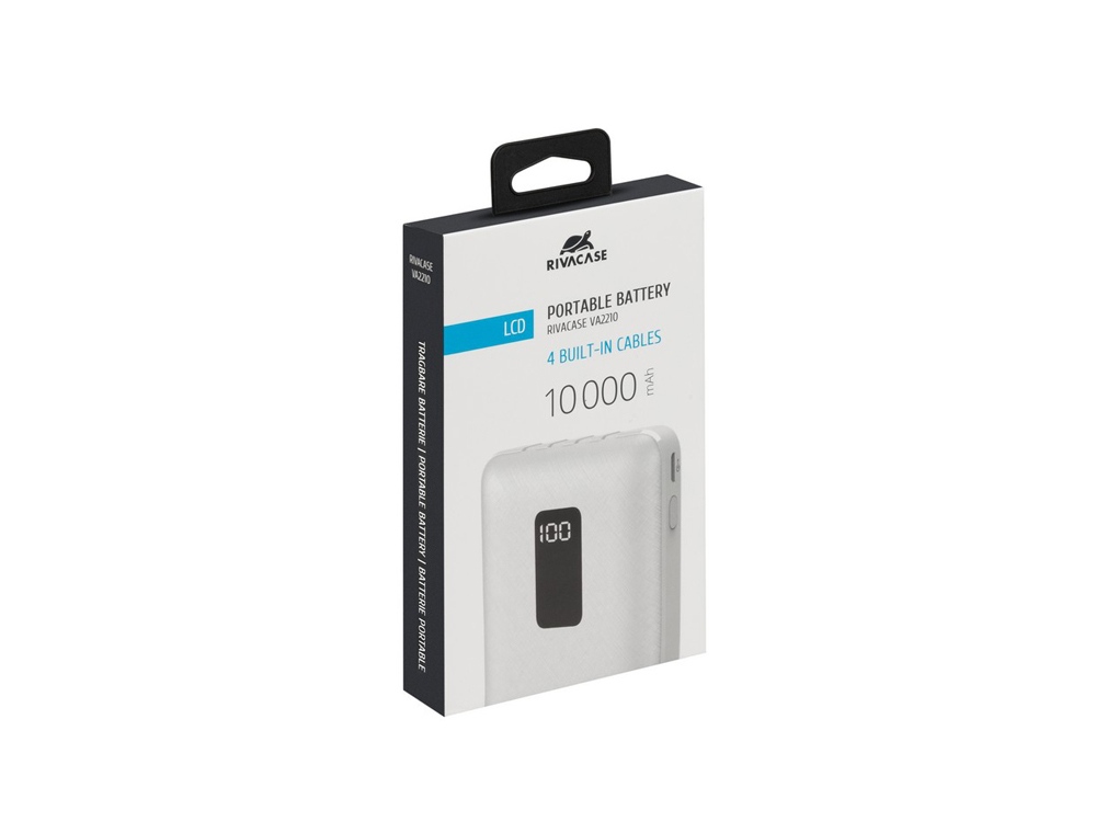 RIVACASE VA2210 (10000 мАч) внешний аккумулятор с дисплеем и встроенными кабелями, белый, 12/48-12
