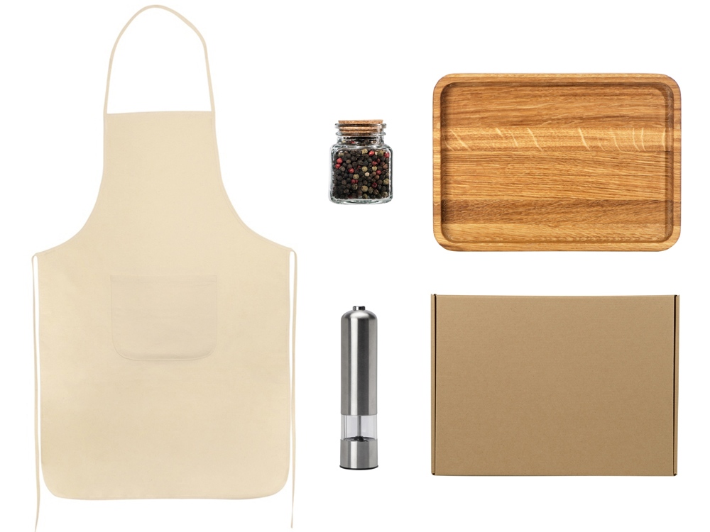 Подарочный набор для кухни с фартуком, подносом, мельницей и специями-0
