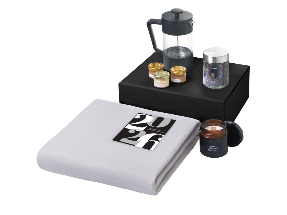 Подарочный набор c пледом, френчпрессом, чаем и медом, серый-1