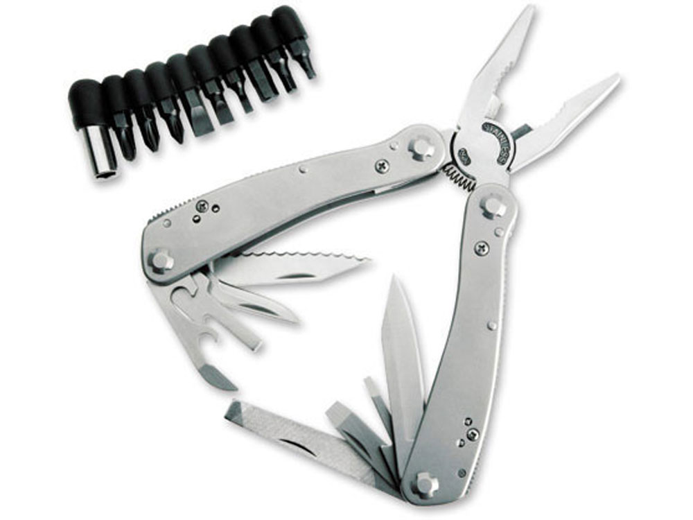 Мультитул Stinger, 105x50 мм, 16 функций, сталь, серебристый, 10 насадок и нейлоновый чехол-0