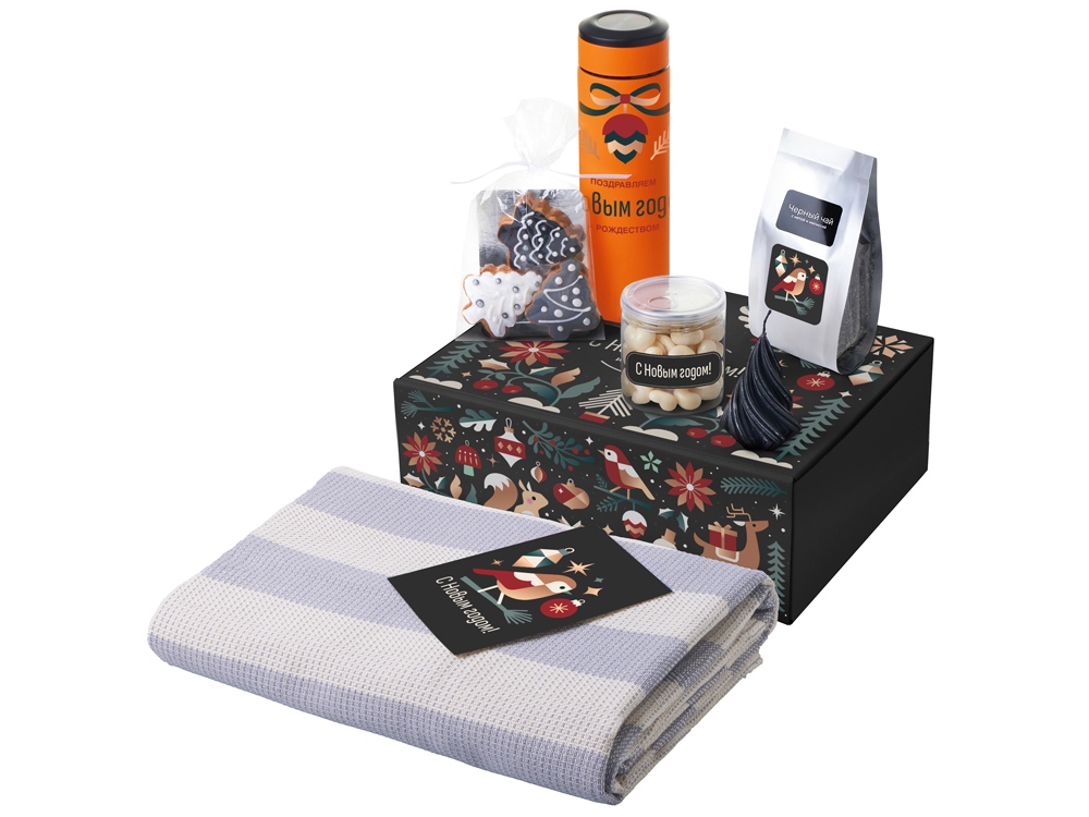 Подарочный набор c пледом, термосом, свечой и миндалем, оранжевый-0