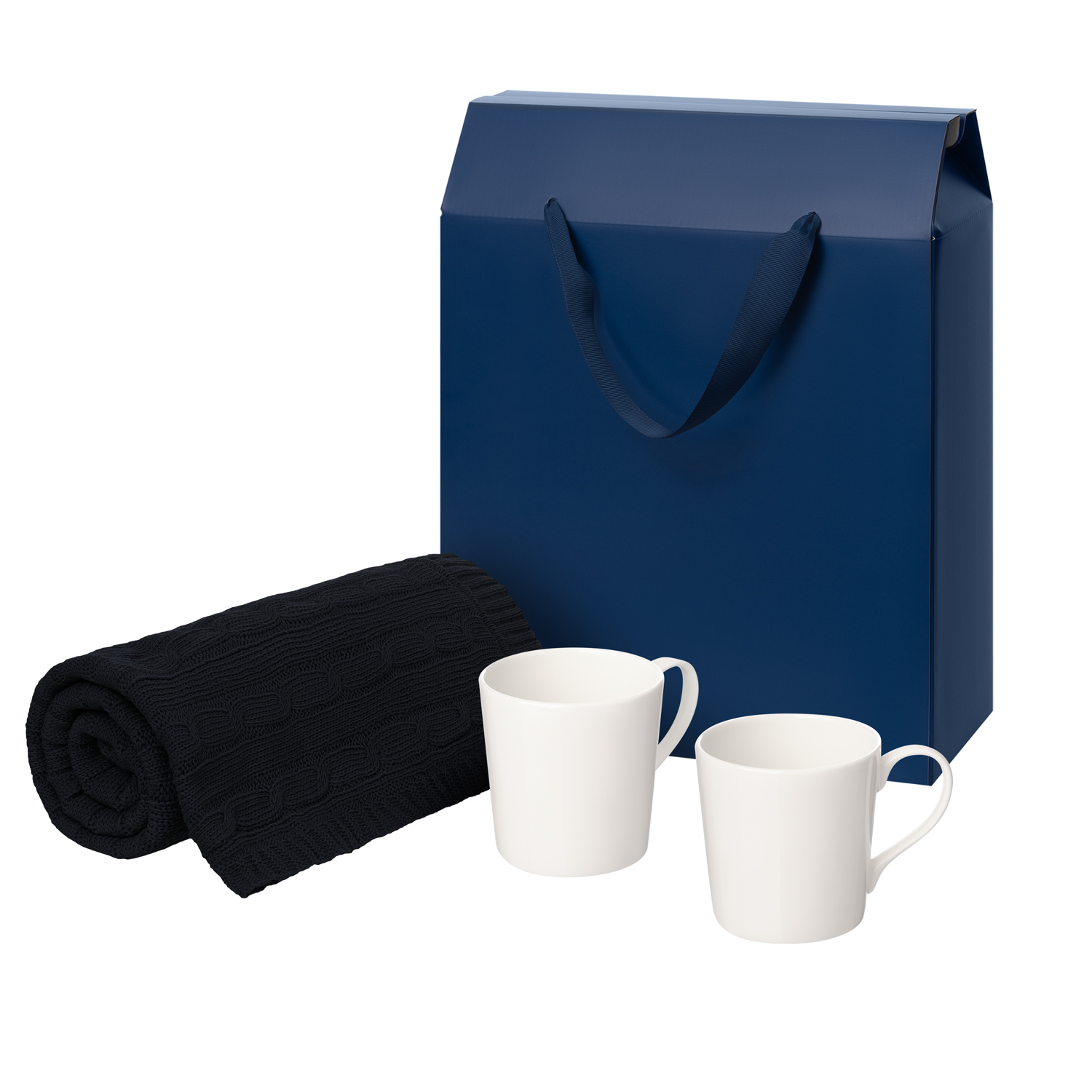 Подарочный набор Сиена (Siena), Фадо (Fado), темно-синий в коробке-пакете (две фарфоровых кружки, плед)-0