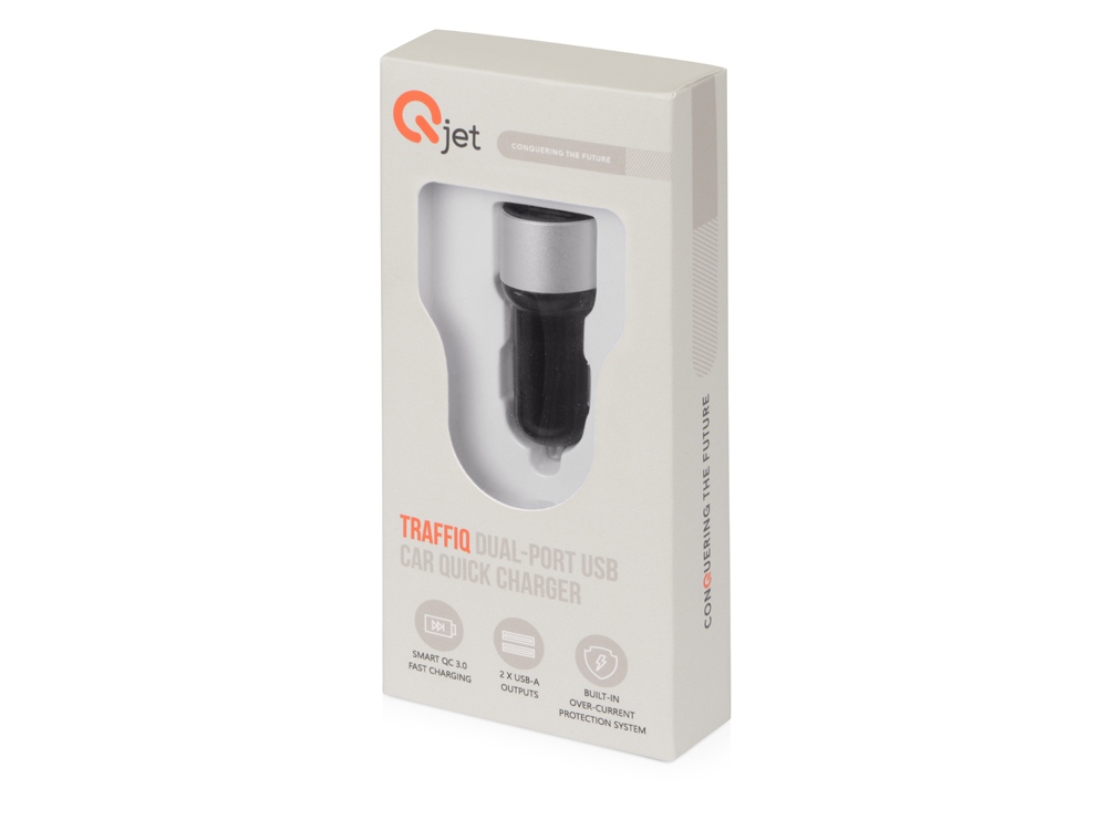 Адаптер автомобильный USB с функцией быстрой зарядки QC 3.0 TraffIQ, черный/серебристый-5