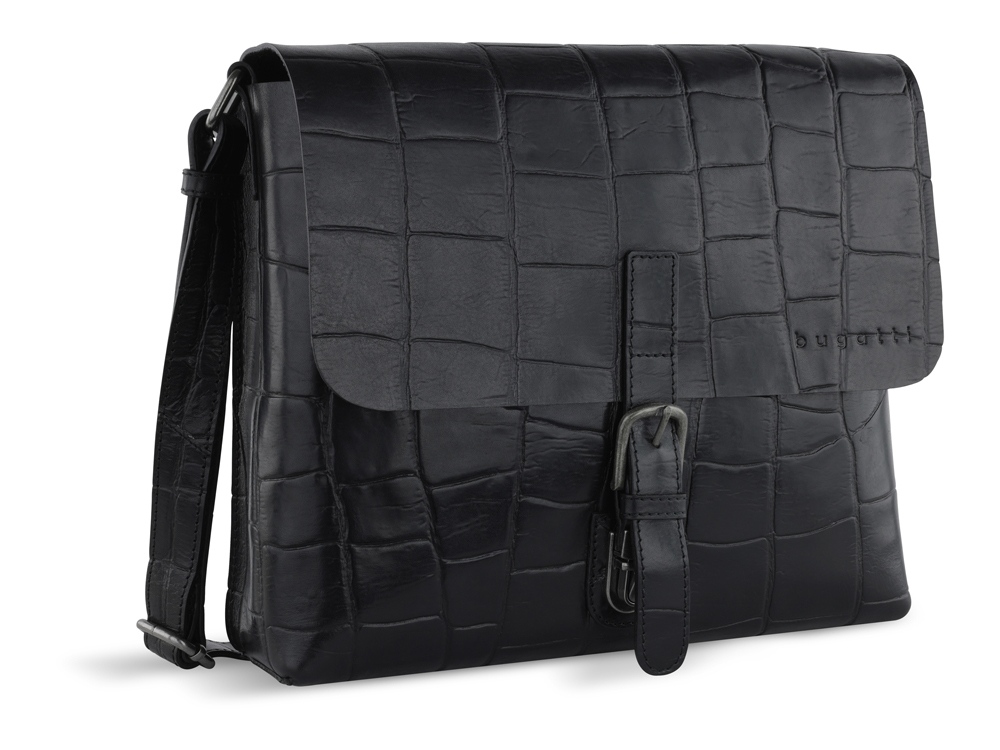 Сумка-мессенджер мужская BUGATTI Nevio, чёрная, воловья кожа/хлопок, 30,5х7х25 см, 5 л-0