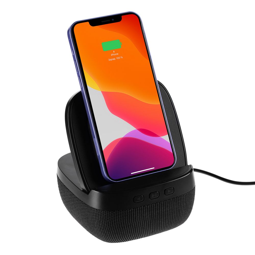 Колонка с беспроводной зарядкой Esca и подсветкой логотипа, черная-1