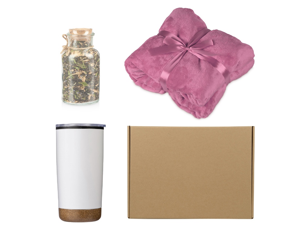 Подарочный набор с пледом, термокружкой и чаем, розовый-0