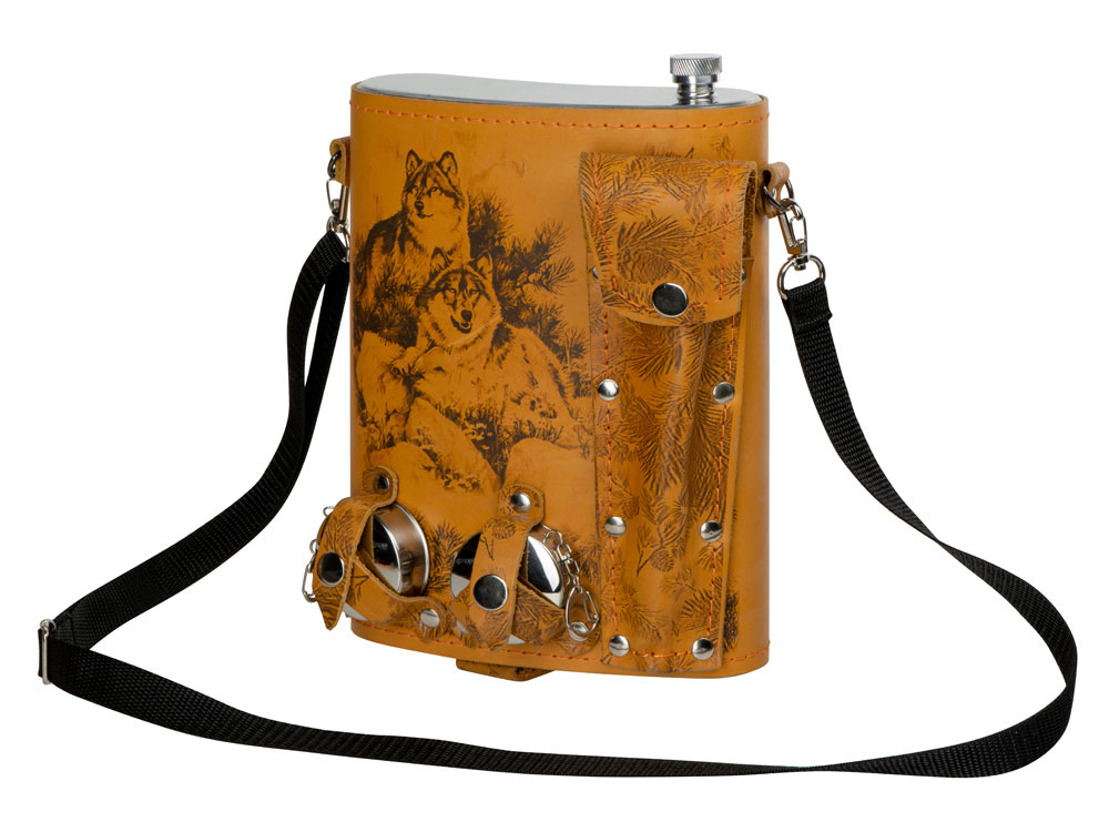 Набор Подарочный: фляга 511/2 (рыжая кожа), 2л+2 стаканчика+2 вилки-0