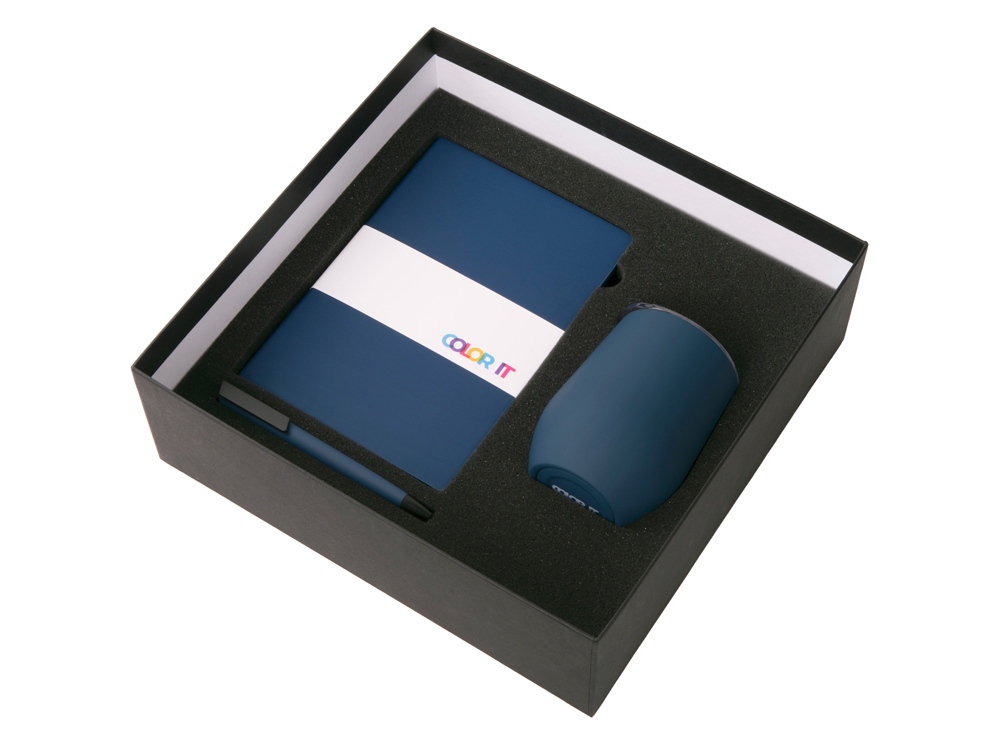 Подарочный набор c блокнотом C3, ручкой и термокружкой, темно-синий-1