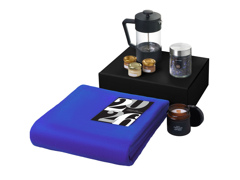 Подарочный набор c пледом, френчпрессом, чаем и медом, синий-1