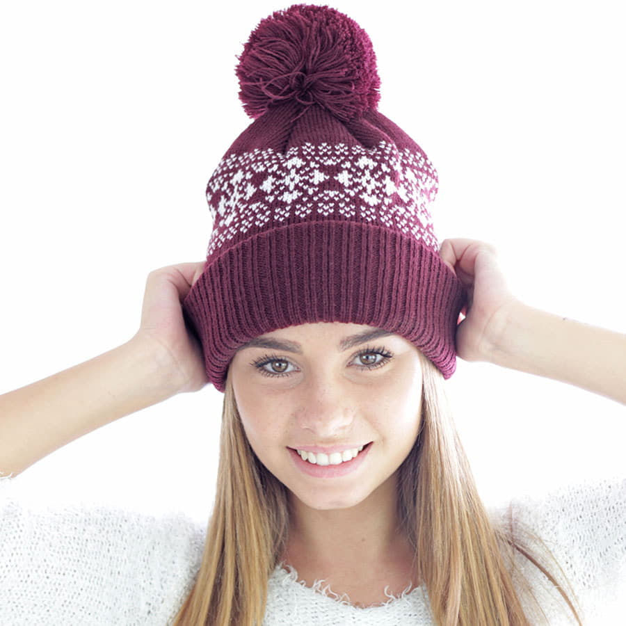 Шапка вязаная  с снежинками и помпоном "FLAKE"_бордо, 100% акрил , бордовый-1