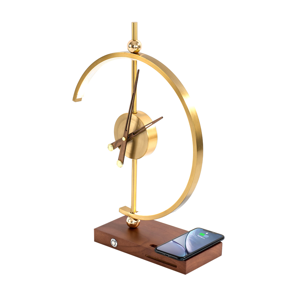 Светодиодный светильник с беспроводной зарядкой и часами Nikka, Коричневый-0