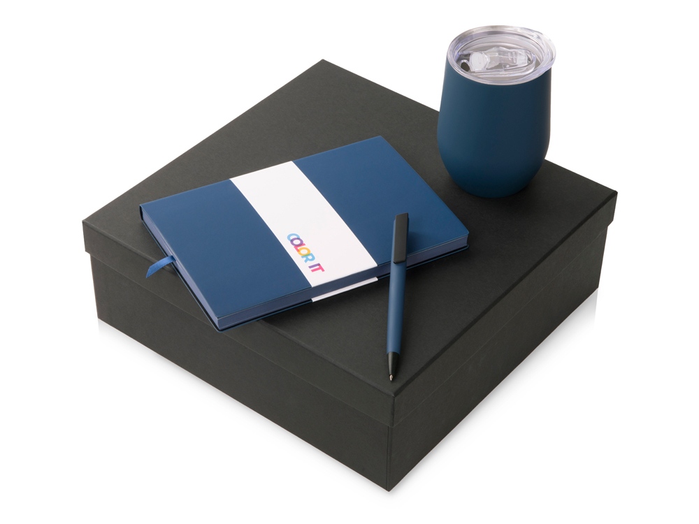 Подарочный набор c блокнотом C1, ручкой и термокружкой, темно-синий-0