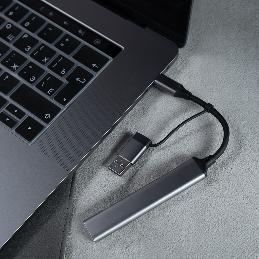 USB-хаб BRANCH 4 в 1, серый, алюминий, серый-2