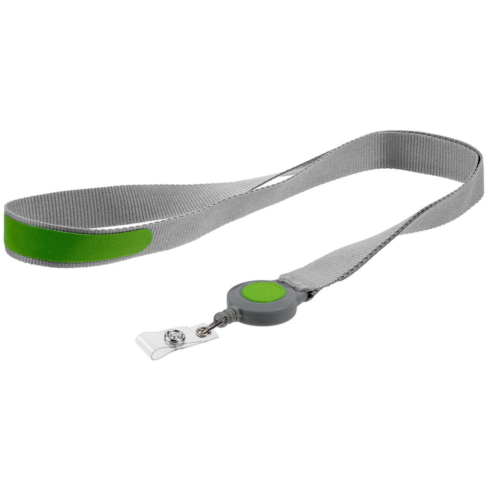 Лента для бейджа с ретрактором Devon, серая с зеленым-0