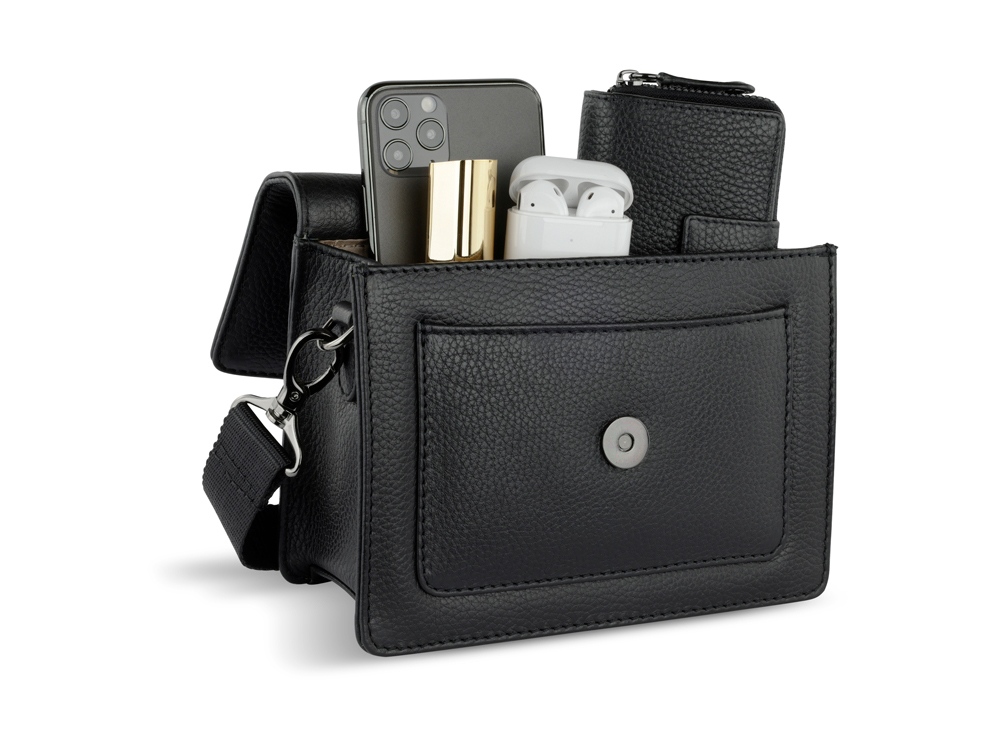 Сумка через плечо женская BUGATTI Elsa, чёрная, воловья кожа/полиэстер, 18,5х8,5х14,5 см-9