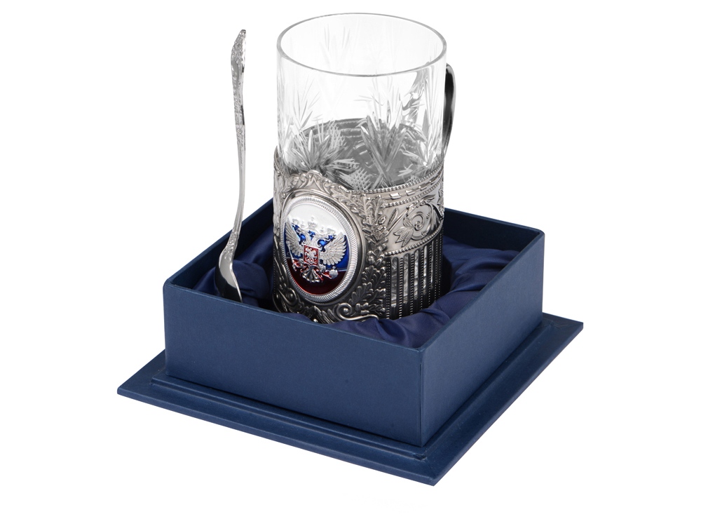 Подстаканник с хрустальным стаканом и ложкой РОССИЙСКИЙ-М, серебристый/прозрачный-0