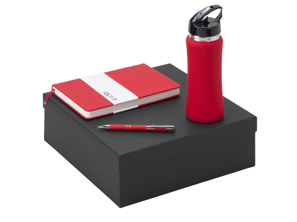 Подарочный набор с блокнотом С2, металлической ручкой и бутылкой для воды, красный-0