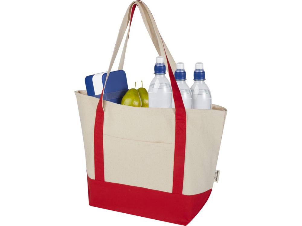 Sam эко- сумка из переработанного хлопка, сертифицированного согласно GRS, плотностью 320 г/м² - Красный / Натуральный-3