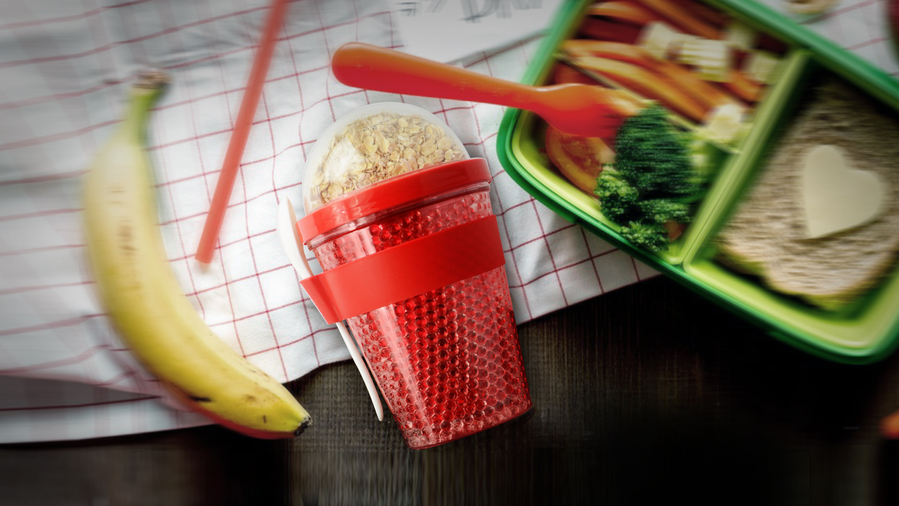 Контейнер для перекусов с гелем-хладагентом и отделением для топпинга, 386 мл, красный-2