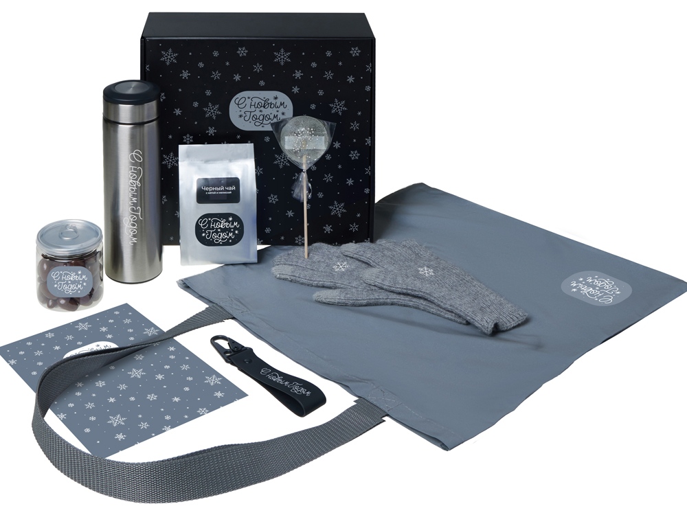 Подарочный набор с перчатками, термосом и чаем, серый-0