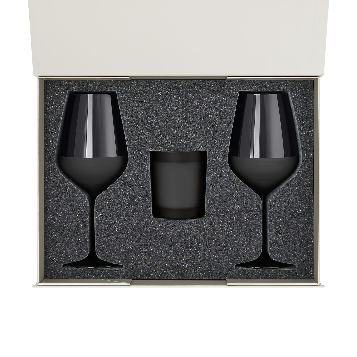 Подарочный набор свеча Enigma + 2 бокала для вина Black Edition в серой коробке-1