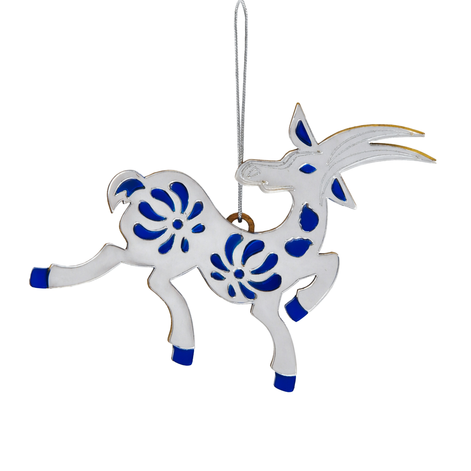Ёлочная игрушка Коза (серебряный с синим)-1