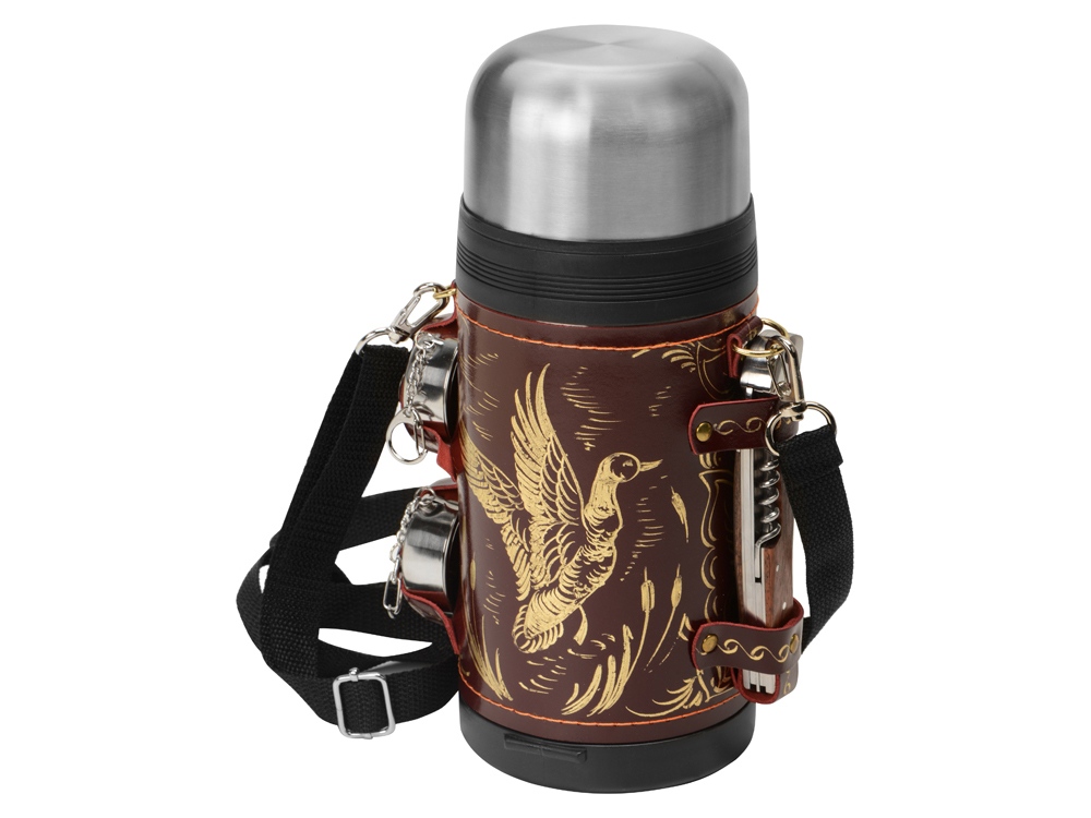 Термос в кожаном чехле, 1,2л, бордовая кожа-0