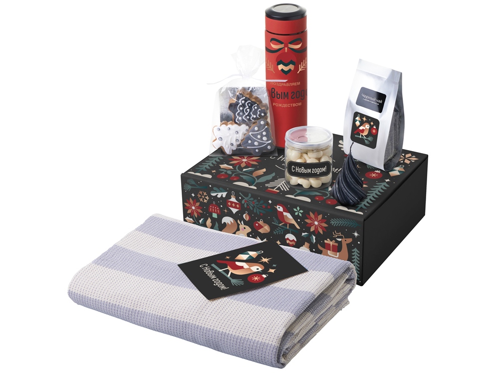 Подарочный набор c пледом, термосом, свечой и миндалем, красный-0