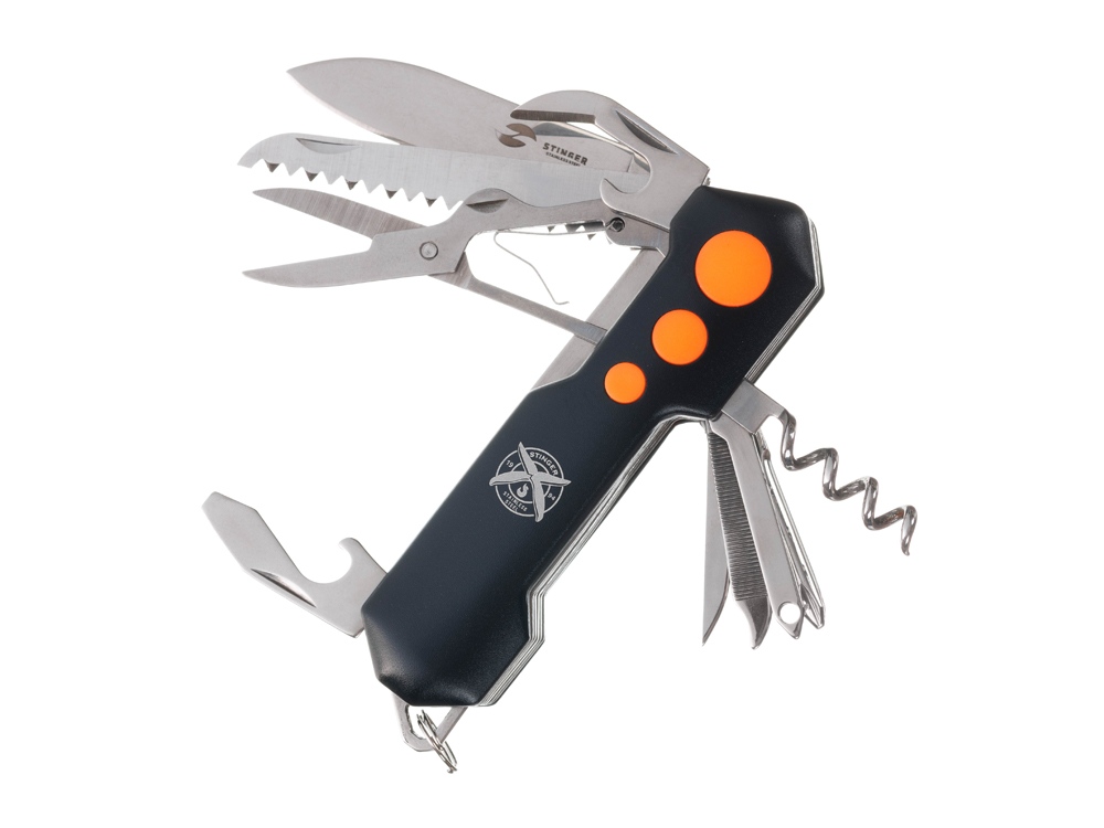Нож перочинный Stinger, 96 мм, 15 функций, материал рукояти: алюминий, PP (черный/оранжевый)-0